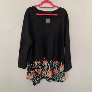NEW Radzoli Black Faux Suede Floral Embroidered Tunic Top Plus Size 3X‎